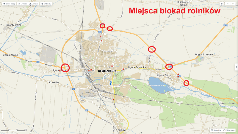 miejsca blokad rolników w dniu 20.03.2024