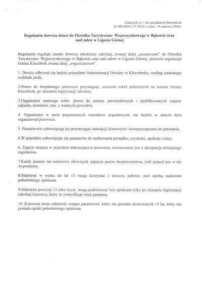 Regulamin bezpłatnych przewozów do OTW w Bąkowie