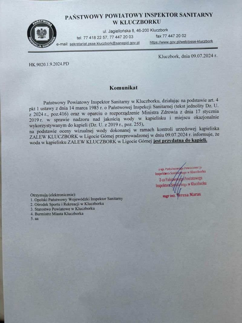 komunikat PSSE w Kluczborku o przydatności wody do kąpieli nad zalewem