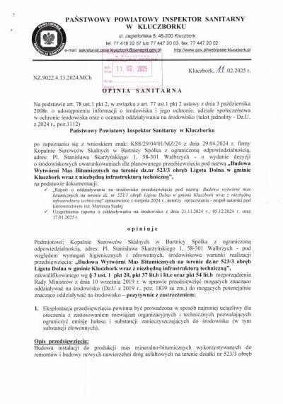 Opinia sanitarna Państwowego Powiatowego Inspektora Sanitarnego w Kluczborku