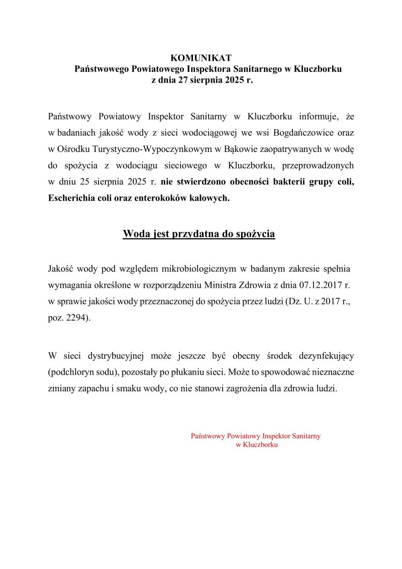 Komunikat dotyczący jakości wody