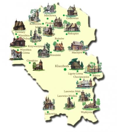 Mapa kościołów drewnianych w powiecie kluczborskim
