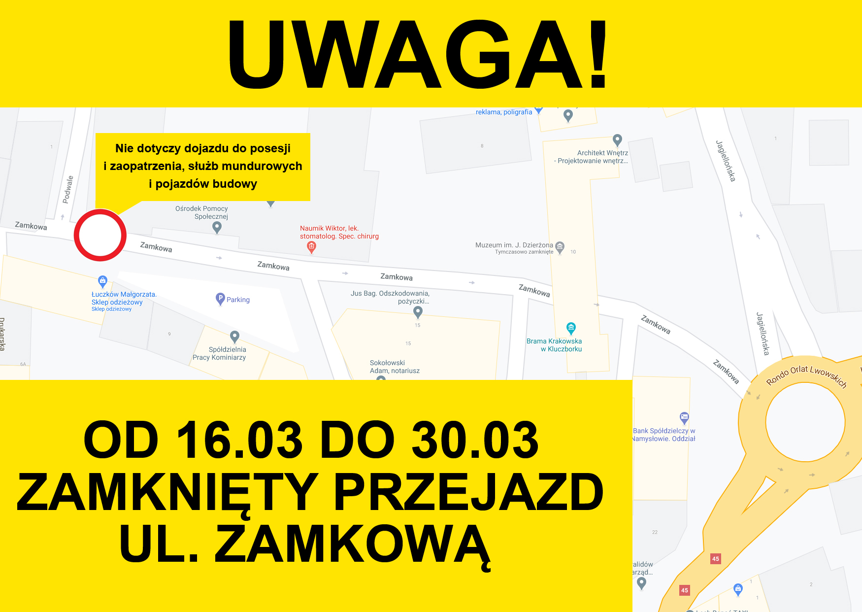 Zamknięty przejazd ul. Zamkową od 16.03 do 30.03.2021
