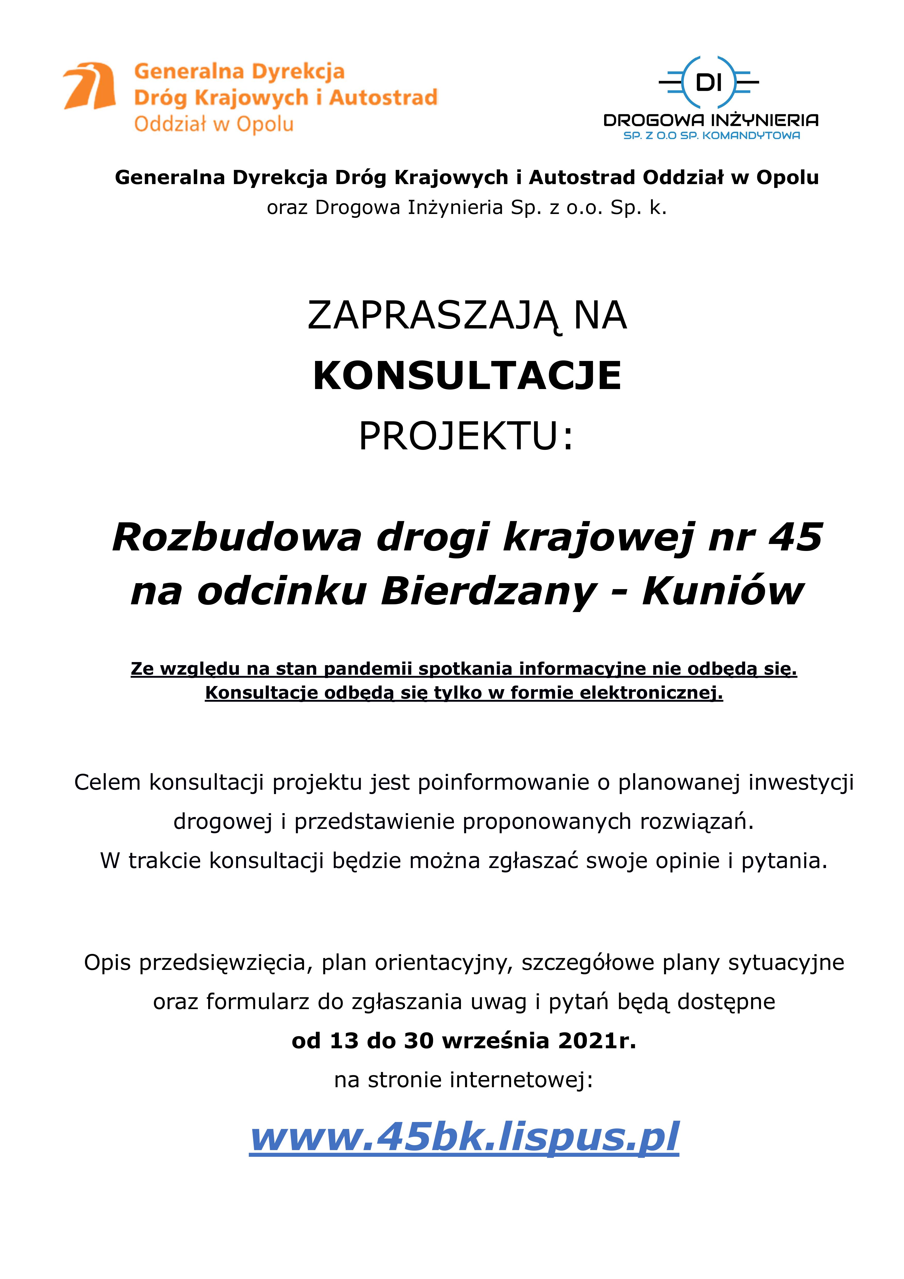 Konsultacje projektu "Rozbudowa drogi nr 45 Bierdzany-Kuniów"