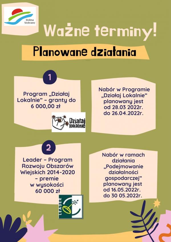 Ważne terminy planowanych działań przez Stowarzyszenie LGD „Dolina Stobrawy”.