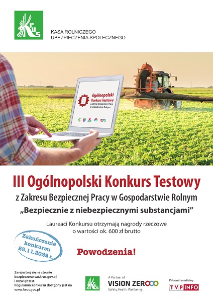 KRUS zaprasza rolników do udziału w III Ogólnopolskim Konkursie Testowym z Zakresu Bezpiecznej Pracy w Gospodarstwie Rolnym