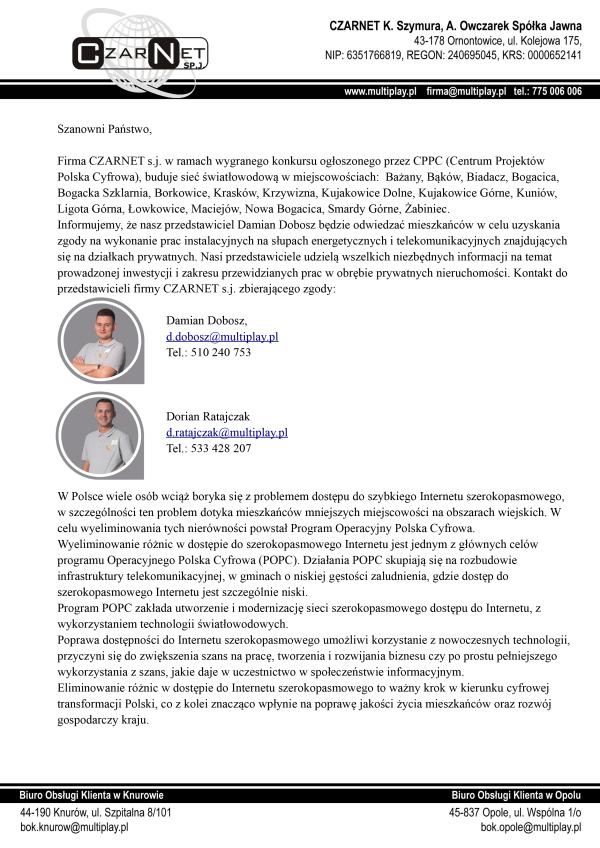 Ważna informacja w sprawie budowy sieci telekomunikacyjnej (Internetowej) w sołectwach Gminy Kluczbork