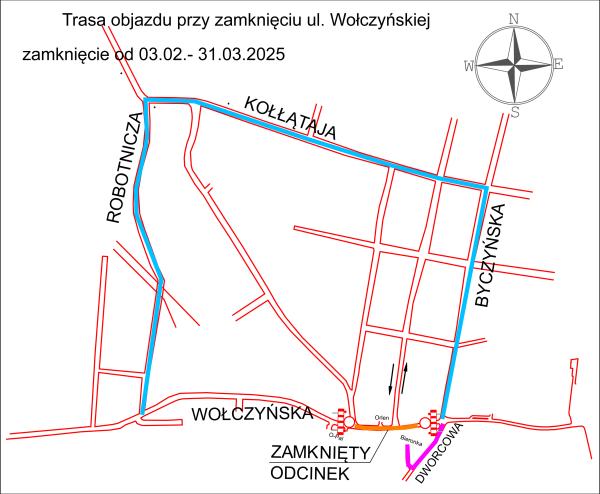 Zamknięty odcinek ul. Wołczyńskiej od ul. Karola Miarki do ul. Byczyńskiej od 3.02.2025r.
